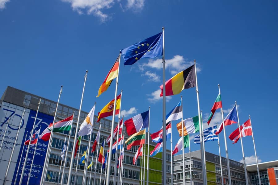 Flags of European Union member states in a row